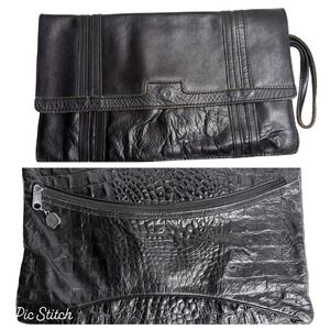 80s Bag Lot Italian Leather Croc Embossed Clutch bag + Wristlet Black